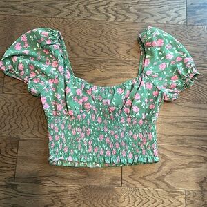 Kiss The Sky Green with Pink Flowers Crop Top Size Large